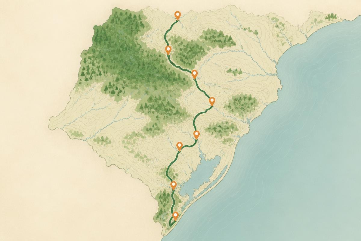 Mapa ilustrado com a rota dividida em etapas e paradas marcadas